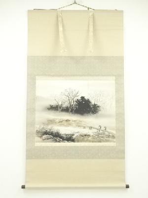 静岳筆　風景図　肉筆絹本掛軸